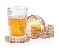 JUXYES 5 Pack Amber Tone Crystal Coasters Round Cup Mat, Glass Coasters for Drinks Coffee Tea Wine, Decorative Wine Bottle Coasters, Crystal Drink Coasters for Restaurant bar Kitchen Dining Table