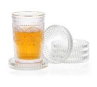JUXYES 5 Pack Glass Coasters Round Cup Mat, Clear Glass Coasters for Drinks Coffee Tea Wine, Decorative Wine Bottle Coasters, Crystal Drink Coasters for Restaurant bar Kitchen Dining Table