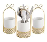 JUXYES Ceramic Silverware Holder For Tabletop, White Cutlery Holder With Golden Metal Bracket, Decorative Flatware Holder Countertop Utensil Holder Organizer for Wedding Kitchen Dining Tables