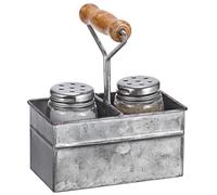 JUXYES Farmhouse Salt and Pepper Shakers with Metal Holder, Vintage Salt and Pepper Mason Jar in Galvanized Metal Carrying Caddy, Rustic Salt and Pepper Shakers Set for Restaurant Dining Table Decor