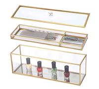 JUXYES Glass Nail Polish Set Storage Box with Tray and Lid, Double Tiers Personal Storage Box Organizer with Mirrored Bottom for Nail Polish Tweezer Manicure Tools Nail Art Accessories Tools Supplies