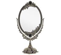 JUXYES Metal Tabletop Antique Decorative Makeup Mirror with Stand, Vintage Swivel Double Sided Cosmetic Mirror with Frame, Retro Desktop Oval Dressing Mirror for Bathroom Bedroom