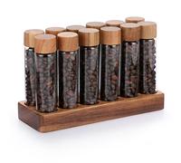 JUXYES Set of 12 Single Dose Coffee Bean Storage Tubes with Wooden Stand and Lids, Dosing Glass Vials for Coffee Bean Storage, 2 fl oz