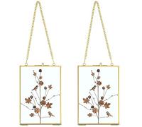 JUXYES Set of 2 Wall Hanging Brass Frames Ornament for Pressed Flowers, Double Glass Hanging Picture Artwork Display Frame, Vertical Gold Floating Style Gallery Wall Frame for Photo Picture Poster etc