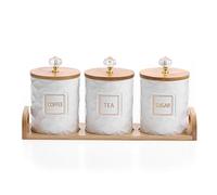 JUXYES Set of 3 Ceramic Canisters Set for Sugar Coffee Tea With Handle Tray, Luxurious Storage Containers Sets with Lids Decorative Storage Pots White Ceramic Storage Jar for Kitchen Dining Counter
