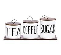 JUXYES Set of 3 Ceramic Canisters Set for Sugar Coffee Tea With Tray, Farmhouse Storage Containers Sets with Lids Decorative Storage Pots White Ceramic Storage Jar for Kitchen Dining Counter, S, M, L