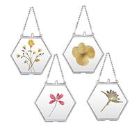 JUXYES Set of 4 Hexagon Mini Brass Wall Hanging Photo Frame, Golden Glass Hanging Picture Artwork Display Frame, Double Glass Floating Frame Style Gallery Wall Frame for Picture, Poster, etc