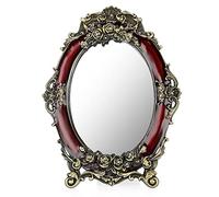 JUXYES Small Tabletop Dressing Mirror Vintage Metal Desktop Mirror with Stand, Antique Embossed Roses Countertop Makeup Mirror Retro Oval Cosmetic Decorative Mirrors for Table Centerpieces