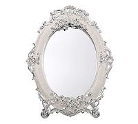 JUXYES Small Tabletop Dressing Mirror Vintage Metal Desktop Mirror with Stand, Antique Embossed Roses Countertop Makeup Mirror Retro Oval Cosmetic Decorative Mirrors for Table Centerpieces