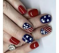 JUYAXIN 24 Pcs Short Square Full Covers False Nails Flags Day Stick on Nails Independence Day Press On Nails Manicures Supplies