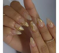 JUYAXIN 24 Pieces Almond Press On Nails Short False Nails Full Covers Glossy Acrylic With Gold Line Designs Nails Accesories