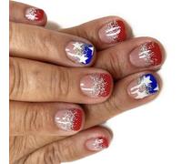 JUYAXIN Independence Day Themed False Nails Set 24pcs Short French Tips Sparkling Nails Art Suitable for Festivals and Event