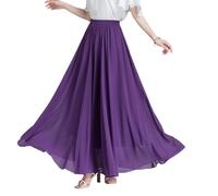 JUYAXIN Women's Chiffons Elastic High Waist Pleated A Line Flared Long Skirt Casual Solid Color Plain Flowy Swing Beach Skirts