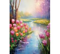 JUYIYUANFUZH Cross Stitch Starter Kits Adults DIY Embroidery Kit with Pattern by The River Where Tulips Bloom E Easy Cross Stitch Kits for Beginners11CT: 40×50Cm