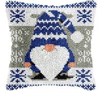 JUYIYUANFUZH Latch Hook Kits for Adults Latch Hook Cushions Pre Printed Blue Christmas Gnome DIY Needlework Pillow Cover Sofa Cushion Rug Making Kits 43 x 43 cm