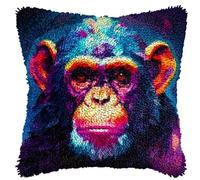 JUYIYUANFUZH Latch Hook Kits for Adults Latch Hook Cushions Pre Printed Monkey Portrait DIY Needlework Pillow Cover Sofa Cushion Rug Making Kits 43 x 43 cm