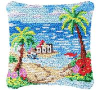 JUYIYUANFUZH Latch Hook Kits for Adults Latch Hook Cushions Pre Printed Palm Tree by The Sea DIY Needlework Pillow Cover Sofa Cushion Rug Making Kits 43 x 43 cm