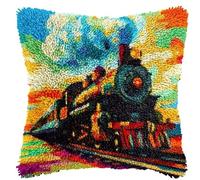 JUYIYUANFUZH Latch Hook Kits for Adults Latch Hook Cushions Pre Printed Vintage Steam Train DIY Needlework Pillow Cover Sofa Cushion Rug Making Kits 43 x 43 cm