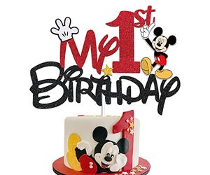 JUYRLE Black And Red 1 Year Old Cake Topper - My 1st Mouse Cartoon Happy Party Decorations First Birthday Party Supplies Decor for Kids Boys