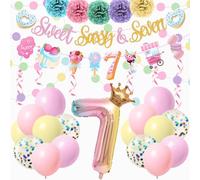 JUYRLE Sweet Sassy And Seven Birthday Decorations- 41Pcs Pink Birthday Decorations With Donut Banner Sweet Cake Topper 7th Foil Balloon, 7th Party Decor for Girls, Ice Cream Party Supplies