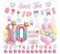 JUYRLE Sweet Ten Birthday Decorations- 10th Birthday Decorations For Girl With Happy 10th Birthday Banner Sweet Ten Cake Topper 10th Foil Balloon For 10th Donut Themed Party Decor Gifts For Teenage