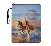 JUZGTSIT Book Cover Horses Themes Large Black Case Zippered Organizer School Teacher Student Hardcover with Pen Holder Beach Horse Sunset Pattern s Books Protector Pounch with Zipper