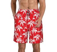 JUZGTSIT Men's 3D Swimming Beach Shorts Red White Hawaiian Palm Trees Outdoor Quick Drying Shorts
