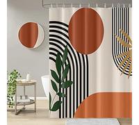 JUZGTSIT Mid Century Retro Shower Curtain, Terracotta Smallmalist Moon Sun RV Bathtub Shower Curtains for Bathroom Gold Green Leaves Black Lines Home Decoration with Hooks 72x72 inches