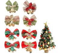 JVHLOV 8PCS Christmas Bows with Bells, Red & Green, Plastic & Metal, Christmas Tree & Gift Decorations