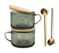 JVJRFQ Vintage Coffee Mugs Set of 2 Green, 14 Oz Overnight Oats Containers with Bamboo Lids and Spoons, Glass Breakfast Cups, Cute Coffee Bar Accessories Christmas Gifts