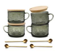 JVJRFQ Vintage Coffee Mugs Set of 4 Green, 14 Oz Overnight Oats Containers with Bamboo Lids and Spoons, Glass Breakfast Tea Cups, Cute Coffee Bar Accessories Christmas Gifts