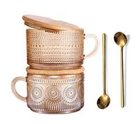JVJRFQ Vintage Glass Coffee Mugs Set of 2 Amber, Embossed Tea Cups with Bamboo Lids and Spoons, 14 Oz Glass Breakfast Cups for Cappccino, Latte, Yogurt, Dessert, Breakfast, Mothers Day Gifts