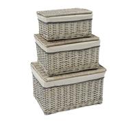 JVL Arianna Rectangular Willow Hamper Baskets - Set of 3, Grey Wash