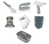 JVL Cleaning Caddy Set with Soap Dispensing Dish Brush, Scrubbing Brush, Microfibre Cloth, Microfibre Cleaning Mitt & 3 in 1 Window Squeegee Household Cleaning Kit