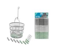 JVL Collapsible Peg Basket with 86 Plastic Clothes Pegs - Folding Laundry Peg Storage Holder for Washing Line - Assorted Colours