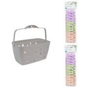 JVL Grey Peg Basket with 48 Plastic Clip Clothes Pegs - Laundry Peg Storage - Assorted Colours