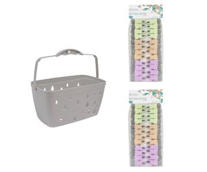 JVL Grey Peg Basket with 48 Soft Touch Clip Clothes Pegs - Laundry Peg Storage - Assorted Colours