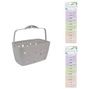 JVL Grey Peg Basket with 48 Soft Touch Flower Clothes Pegs - Laundry Peg Storage - Assorted Colours