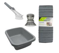 JVL Grey Rectangular Washing Up Bowl, Sesha Dish Drying Mat, Soap Dispensing Dish Brush with Refill Head & Scrubbing Brush Kitchen Cleaning Bundle