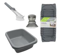 JVL Grey Rectangular Washing Up Bowl, Sesha Dish Drying Mat with Rack, Soap Dispensing Dish Brush with Refill Head & Scrubbing Brush Kitchen Sink Bundle