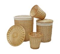 Jvl Hand Woven Acacia Set Of 2 Round Laundry Willow Baskets With 2 Waste Paper Baskets, Honey Finish