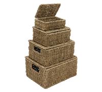 JVL Hand Woven Seagrass Rectangular Lidded Storage Baskets - Set of 4