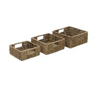 JVL Hand Woven Seagrass Square Storage Baskets with Inset Handles - Set of 3