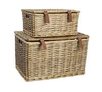 JVL Handmade Buff Wicker Hampers with Faux Leather Straps, Set of 2