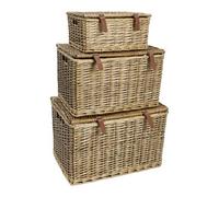 Jvl Handmade Buff Wicker Hampers With Faux Leather Straps, Set Of 3