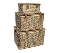 JVL Handmade Buff Wicker Hampers with Faux Leather Straps, Set of 3, Brown