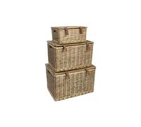 JVL Handmade Buff Wicker Hampers with Faux Leather Straps, Set of 3, Brown