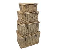 JVL Handmade Buff Wicker Hampers with Faux Leather Straps, Set of 4