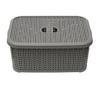 JVL Knit Design Loop Plastic Lidded Rectangular Storage Basket with Handles - 6 Litres, Grey