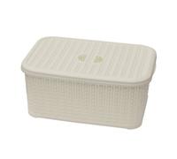 Jvl Knit Design Loop Plastic Lidded Rectangular Storage Basket With Handles, Ivory